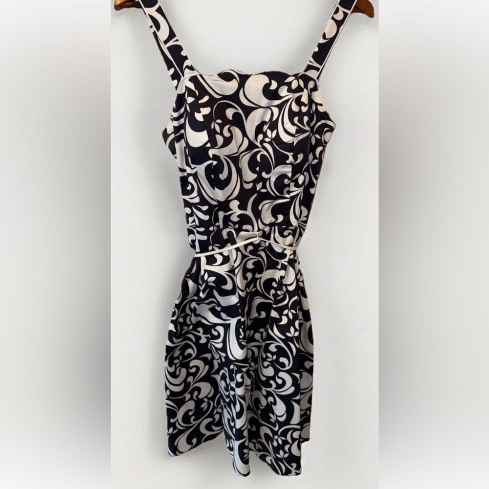 Dress Barn Women’s Belted Black White Floral Swirl Midi Dress Sleeveless 14W